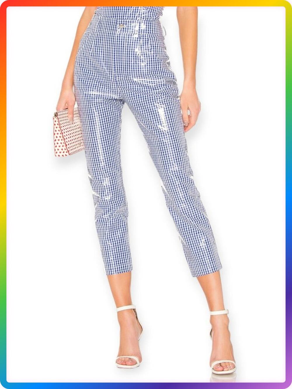 LPA Cropped Vinyl Gingham Pants SIZE L Blue High Rise Statement Trouser
